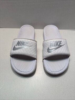 Nike White Slides with Silver Nike Swoosh - Women’s Size 10
